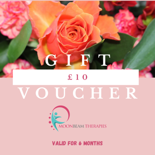 Moonbeam Therapies and Training-Voucher-£10 Contains picture of an orange rose just opening against a back ground of green leaves