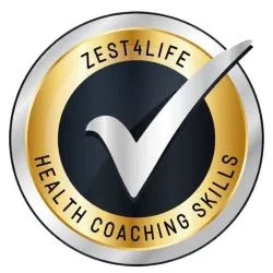 Zest4Life health coaching logo, silver circle with inner gold and black circles with a silver tick