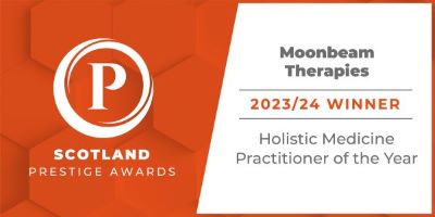 Scotland Prestige Awards logo - White P on orange background. Moonbeam Therapies 2022/23 Winner Holistic Medicine Practitioner of the Year