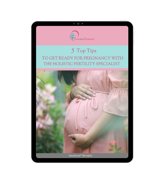 Free downloadable ebook - Get Ready for Pregnancy, 5 top tips, picture of lady in a pink dress, holding baby bump in hands, one hand above and one hand below bump.
