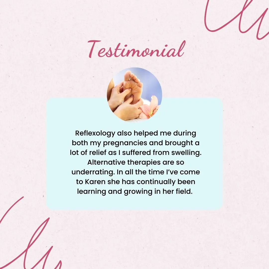 Testimonial written on a rectangle pale blue background on a pale pink background. Small picture of lady carrying out foot reflexology