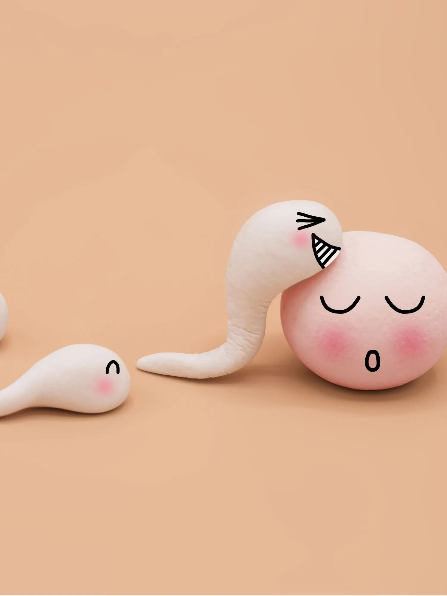 Fertility Cartoon - white sperm and egg meeting, one round egg with 2 sperm, one sperm climbing onto the egg